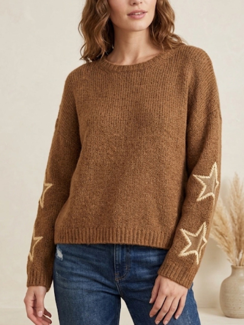 Halogen Brown Crewneck Star Embroidered Knit Sweater Size XL oversized